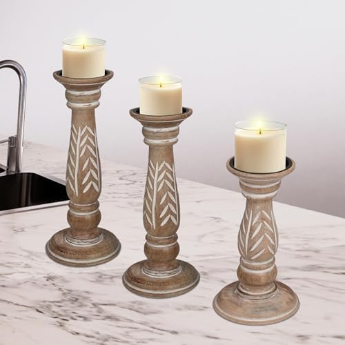 Set of 3 White Wash Farmhouse Wood Pillar Candle Holders - Handcrafted Rustic Tall Candle Holders for Home Decor, Centerpieces, Weddings, and Events - Heights: 14", 12", 10" - Image 2