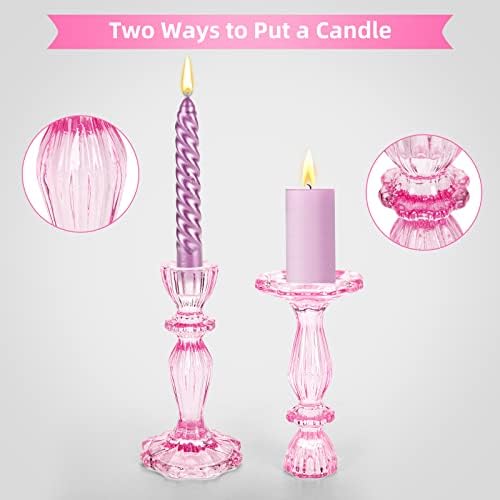 Glass Candle Holders, 2PCS Decorative Candle Stand Wide Base Candlestick Holder Table Centerpiece Decor for Wedding Festival Party Windowsill, Pink - Image 3