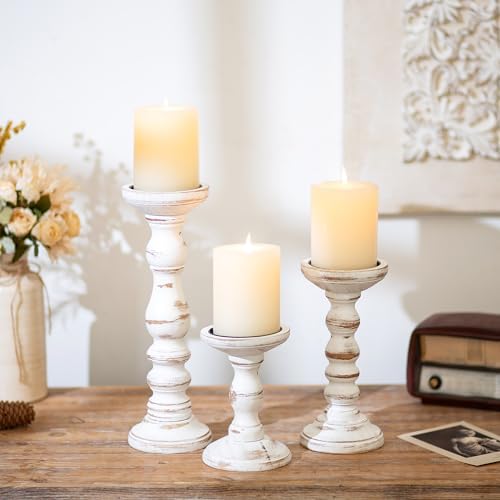 Romadedi Pillar Wood Candle Holders, Whitewashed Brown, Set of 3 - Image 4