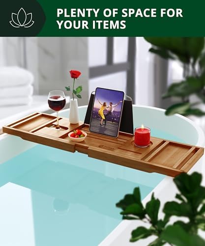 Trending Now Wood Bath Tray – Bathtub Tray for Tub, Expandable Bamboo Bath Tray & Bathtub Caddy with Book Holder, Wine Glass Holder, Phone & Tablet Stand, Spa Bath Accessories, Birthday Gifts for Mom - Image 5