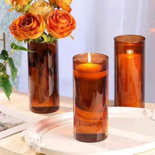 Amber Cylinder Vases, 8 Inch Tall, Amber Ribbed - Image 5