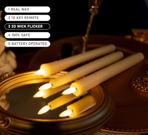 KSWING Upgraded Real Wax LED Flameless Taper Candles with Remote, 6 PCS Ivory Dripping Candlesticks Battery Operated 3D Flickering - 9.6" Long Realistic Fake Candle Sticks for Home/Wedding/Xmas Decor - Image 3