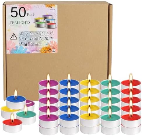50 Pack Unscented Assorted Colors Tealights Candle - 4+Hour Clean-Burning Votive Smokeless Tea Lights for Home Decor, Rituals, Shabbat & Anniversaries & Relaxation. by fclayvts