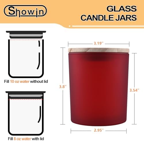 SHOWIN 10 OZ Thick Candle Jars for Making Candles 15 Pcs, Empty Jars with Wood Lids for Candle Making, Sample Container, Frosted Red - Image 4