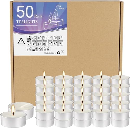 Unscented Tealight Candles 50 Pack, 4 Hours Smokeless Dripless White Mini Tea Lights Bulk for Home, Wedding, Party, Shabbat, Christmas & Emergency Use by fclayvts