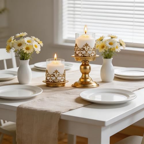 2 PCS Hurricane Candle Holder with Glass Sleeve, Gothic Metal Vintage Candle Holders, Large Table Centerpieces Candle Stand for Weddings and Events, Gold, L+L - Image 6