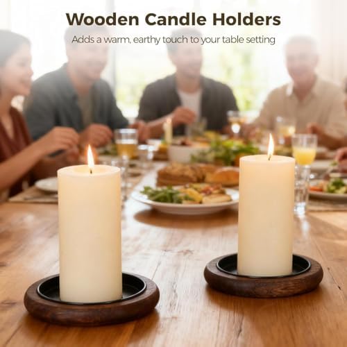6 PCS Vintage Wood Candle Trays, 3.9 in Round Candle Holders for Pillar Candles, Elegant Black Inner Plastic Tray, Decorative Tray Riser for Home Decor, Coffee Tables, Bookshelves - Image 2