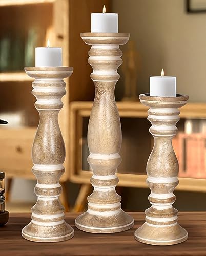 Rustic Farmhouse Wood Pillar Candle Holder Set of 3- Vintage Tall Candle Stands for Table Centerpiece, Decorative Candle Holder for Dining Room, Fireplace, Living Room - Size: 16", 14", 12" White Wash - Image 2
