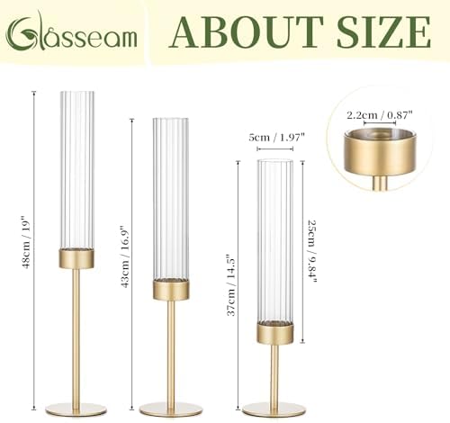 Glasseam Hurricane Gold Candlestick Holders: 6Pcs Taper with Glass Cylinder - Image 5