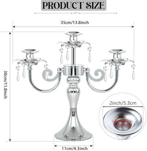 Metal 3 Arm Taper Candlestick Stand with Crystal Pendants - 11.8 Inch Tall Candle Holders, Elegant Centerpieces Candelabra for Wedding, Dining Table, Christmas Party (6Pcs, Silver) - Image 2