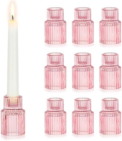 Hewory Glass Pink Candle Holder Bulk, 10PCS Valentines Taper Candle Holders by Hewory