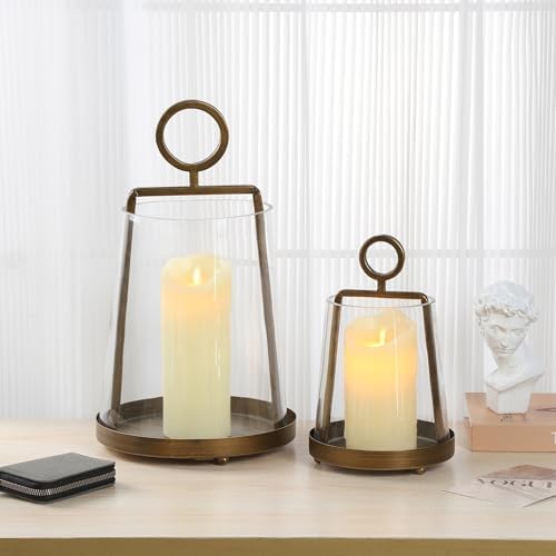 9" & 6" Wide Modern Farmhouse Metal Hurricane Candle Holder with Handmade Sturdy Glass Sleeve in VintageBrass for Pillar Candle & Plants, Glass Hurricane Lantern, Industrial, Minimalistic - Image 4