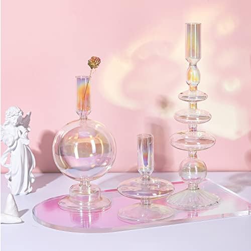 Rtteri 3 Pcs Iridescent Glass Candlestick Holders Taper Candle,Colorful - Image 3