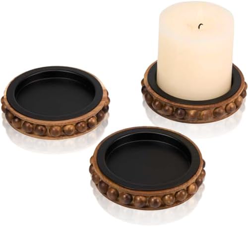 Set of 3 Acacia Wood Candle Holder Plate Stand for Pillar Candles by THORNIA