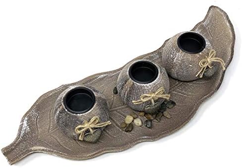 allgala Wooden Candle Holder Tray 3 Ball Orbs Set Tealight Candle Holder Centerpiece with Pebbles on Leaf Tray for Coffee Table Dining Table Accents Bowl for Living Room Décor-Brown-HD90401 by Allgala