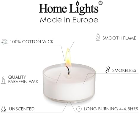 Home Lights Tealight Candles, Giant 100,200,300 Bulk Packs, White Unscented European Smokeless Clear Cup Tea Lights for Shabbat, Weddings, Christmas, Home Decorative- 100 Pack - Image 2