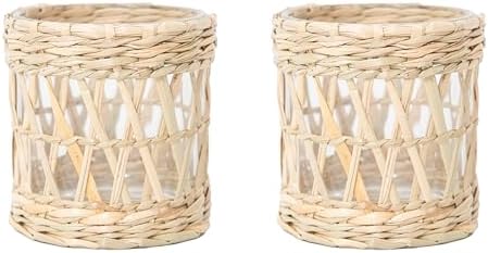 Rustic Cattail Woven Tea Light Holder, Seagrass Glass Candle Holder, Table Candle Holder Decor, Vintage Candlestick Holders, Wicker Tea Light Holder, Farmhouse/Home Decor (Original Color - 2 Pack) by GYASVWU