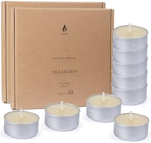 100PCS Beeswax Tealight Candles, Cream White, Aluminum Cups, 4H Burn by Aglary
