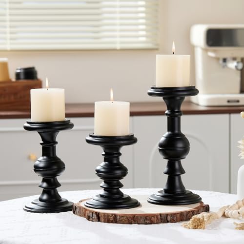 Set of 3 Rustic Black Wood Pillar Candle Holder - Image 5