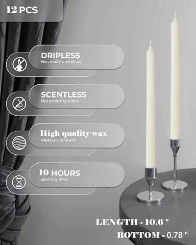Tall Dripless Taper Candles Ivory Tapered Candlesticks-Smokeless,Unscented,Long Burning-Hand Poured,Colored for Home Decor Wedding, Dinner-10.6inch,Set of 12 - Image 4