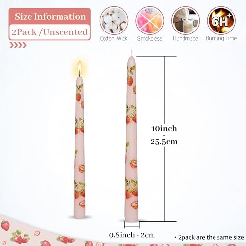 Light Pink Strawberry 10 inch Straight Taper Candles-Pink Strawberry Handmade Printing Candlesticks Tall Tapered Candle for Home Garden Decor Simple Modern 2Pcs - Image 2
