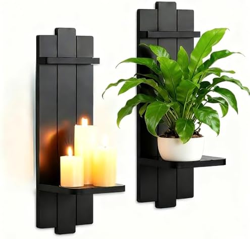 Large Black Wood Wall Candle Sconces: 19.7" Floating Shelf Design by Walasis