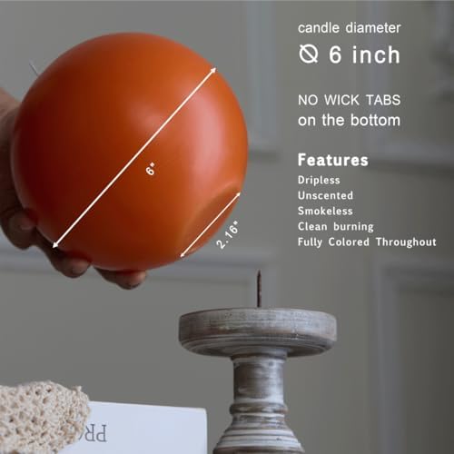 MOZEAL Hand-Poured, 6 Inch Orange Large Round Ball Candles - Elegant Orange Round Pillar Candles, Dripless, Unscented, Smokeless, Ideal for Halloween Decor. - Image 4