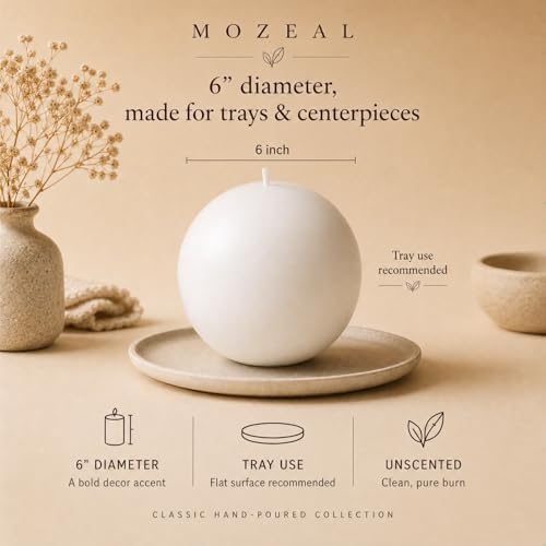 MOZEAL Hand-Poured, 6 Inch White Large Round Ball Candles - Elegant White Round Pillar Candles, Dripless, Unscented, Smokeless, Ideal for All Occasions. - Image 3