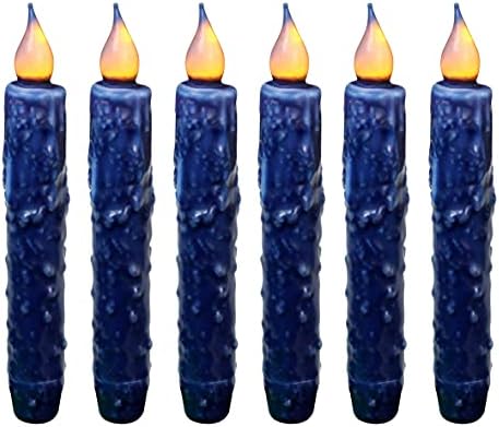 CVHOMEDECO. Real Wax Hand Dipped Battery Operated LED Timer Taper Candles Rustic Primitive Flameless Lights Decor, 6-3/4 Inch, Navy Blue, 6 PCS in a Package by CVHOMEDECO