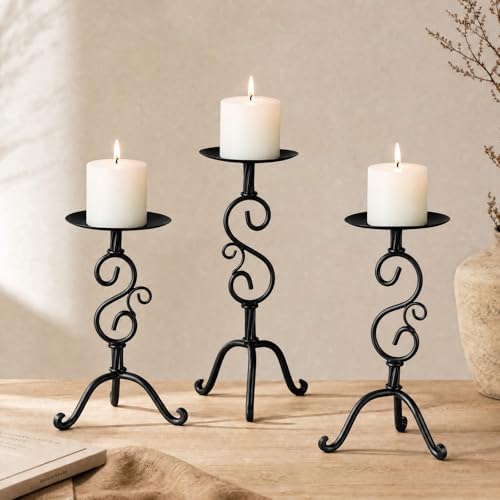 3 Pcs Black Iron Candlestick Holders 11.8,9.8,6.3 Inch, Classic by Ferrochef