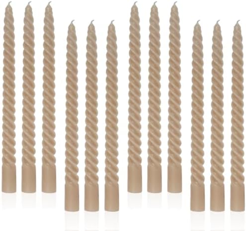 Sahara Beige Taper Candles Brown Spiral Candle Sticks,Unscented Dripless Long Candlesticks for Holiday,Wedding and Fall Decoration,10inch,12 Pack,E by LPUSA