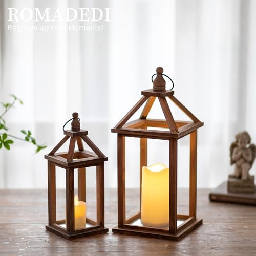 Romadedi Wood Candle Lantern Decorative, Brown, Rustic Decor Set of 2 - Image 4