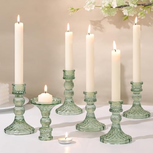 DARJEN Green Glass Candlestick Holders Set of 6, 4" H & 5" H Taper Candle Holders for Candlesticks & Pillar Candles, Diamond Candle Holders for Wedding Party Table Centerpiece, Home Decor by DARJEN