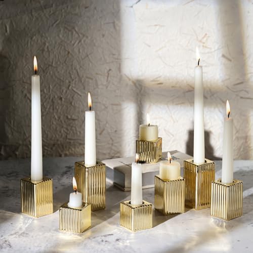LETINE 12pcs Gold Vertical Stripe Glass Candlestick Holders - Chic Taper Candle Sticks Holder Set for Elegant Dining & Home Decor - Ideal for Christmas, Halloween, Thanksgiving by LETINE