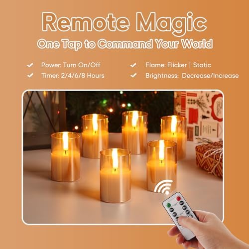 Gold Glass Flameless Votive Candles with Remote Timer, Real Wax Flickering Small LED Pillar Candles Set of 6 - Image 4