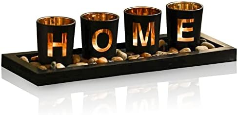 Home Decorative Candle Holder Set, 4 Glass Tea Light Candleholders with Wooden Candle Holders Tray, Natural Pebbles for Home Decor Table Decorations Centerpiece by MrMrKura