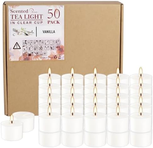 Set of 50 White Scented Tealight Candles Bulk, Vanilla Fragrance Wax with Clear Container, for Restaurant Dinner Weddings Baby Showers, Long Burning, 8 Hours by Wfmolcand