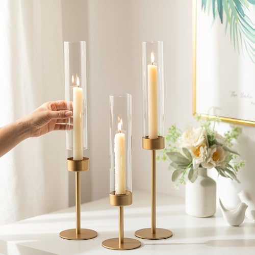 Romadedi Glass Hurricane Candle Holders for Candlestick, Gold, Set of 3 - Image 3
