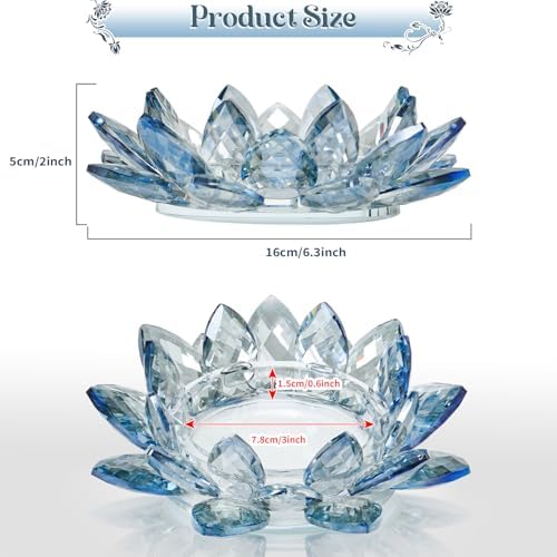 Large Crystal Lotus Tealight Candle Holder for Up to 6" Diameter Pillar Candlestick, Chunky Glass Votive Stand for Wedding, Party, Table Centerpiece Decor and Yoga Meditation (1, Blue) - Image 2