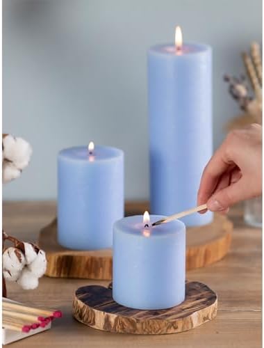 CANDWAX Assorted Pillar Candles Set of 3 – Sizes 3", 4", 8" Unscented Dripless Large Candles, Rustic Finish Long Burning for Weddings, Home Decor – Light Blue - Image 5