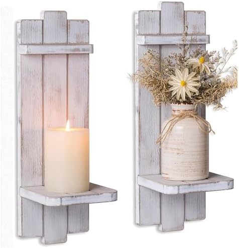 Whitewashed Wood Candle Sconces Wall Decor Set of 2 by Walasis