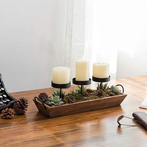 MyGift 3-Pillar Black Metal Candle Holder with Rustic Wood Tray and Handles, Tabletop/Mantel Centerpiece - Image 4