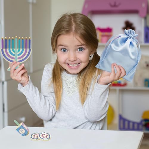 Mini Pastel Hanukkah Menorah, 4-Pack 5" Inch Children Wooden Chanukah Menorah Set with Removable Wooden Candles, 3" Inch Dreidel, and Gelt Coins - Image 2