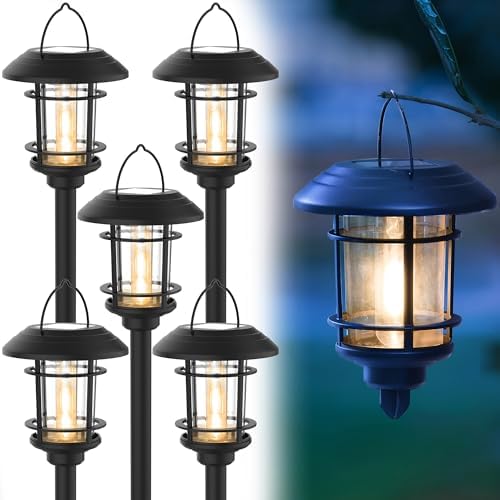 6 Pack Dual Use Solar Path Lights Outdoor, Hanging Lantern Solar Garden Lights with Edison Bulb, Landscape Lighting, Waterproof & Auto On/Off for Patio Pathway Walkway Driveway, Warm White by Dynaming