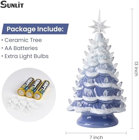 Sunlit Cordless Lighted Ceramic Christmas Tree Vintage Tabletop Christmas Decoration Pre-Lit Colorful Mini Light Bulbs 13" Traditional AA Battery Operated LED - Ombre Blue - Image 2