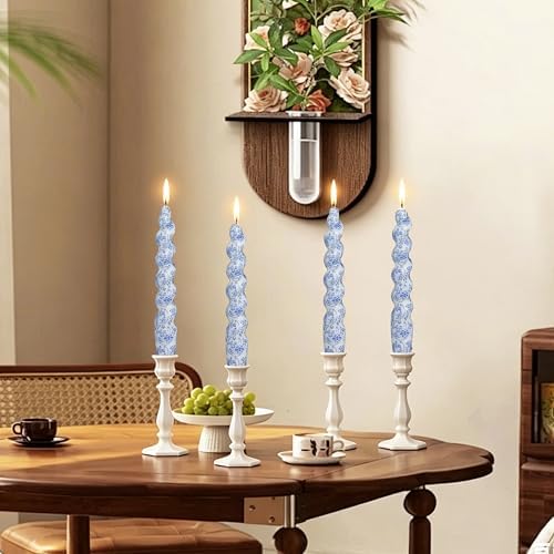 4 Pack Blue Floral Spiral Taper Candles - YUKCAXDLS Chinoiserie Unscented Candle 7.5Inch Flower Short Tapered Candlestick for Family Gatherings Weddings Restaurant Holiday Decorations - Image 3