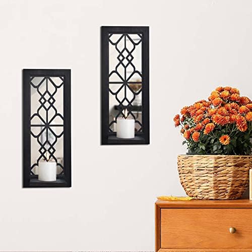 ZEXUIRU 2 Set Rustic Candle Sconces Living Room Bedroom Entryway Wood Mirrored, Farmhouse, Carved Frame Wall-Mount Wooden Candle Holders Wall Decor Hanging Handmade Holder - Black - Image 5