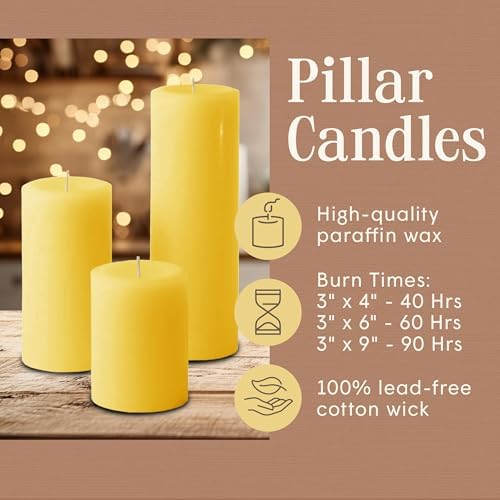 Mister Candle Unscented Dripless Pillar Candles Set of 3, Hand Poured 3 Inch Candles, Premium Wax, Decorative Pillar (3" x 4", 3" x 6", and 3" x 9", Yellow) - Image 3