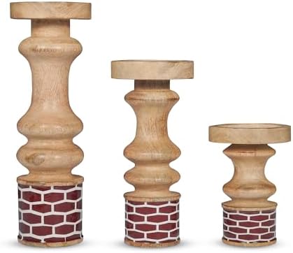 Mela Artisans Gramercy Wood Candle Holders - Red Natural, Set of 3 by MelaArtisans
