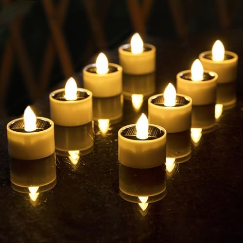 Solar Tea Lights Outdoor Waterproof, 8pcs Rechargeable Dusk to Dawn Little Solar Votive Candles, Flameless Flickering Small Light for Lantern Window DIY Chandelier Patio Deck Garden Decor (Warm White) by TWINKVILLA